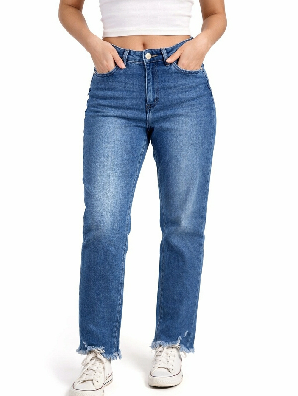 High-Rise Skinny Jeans with Raw Hem in Medium Blue